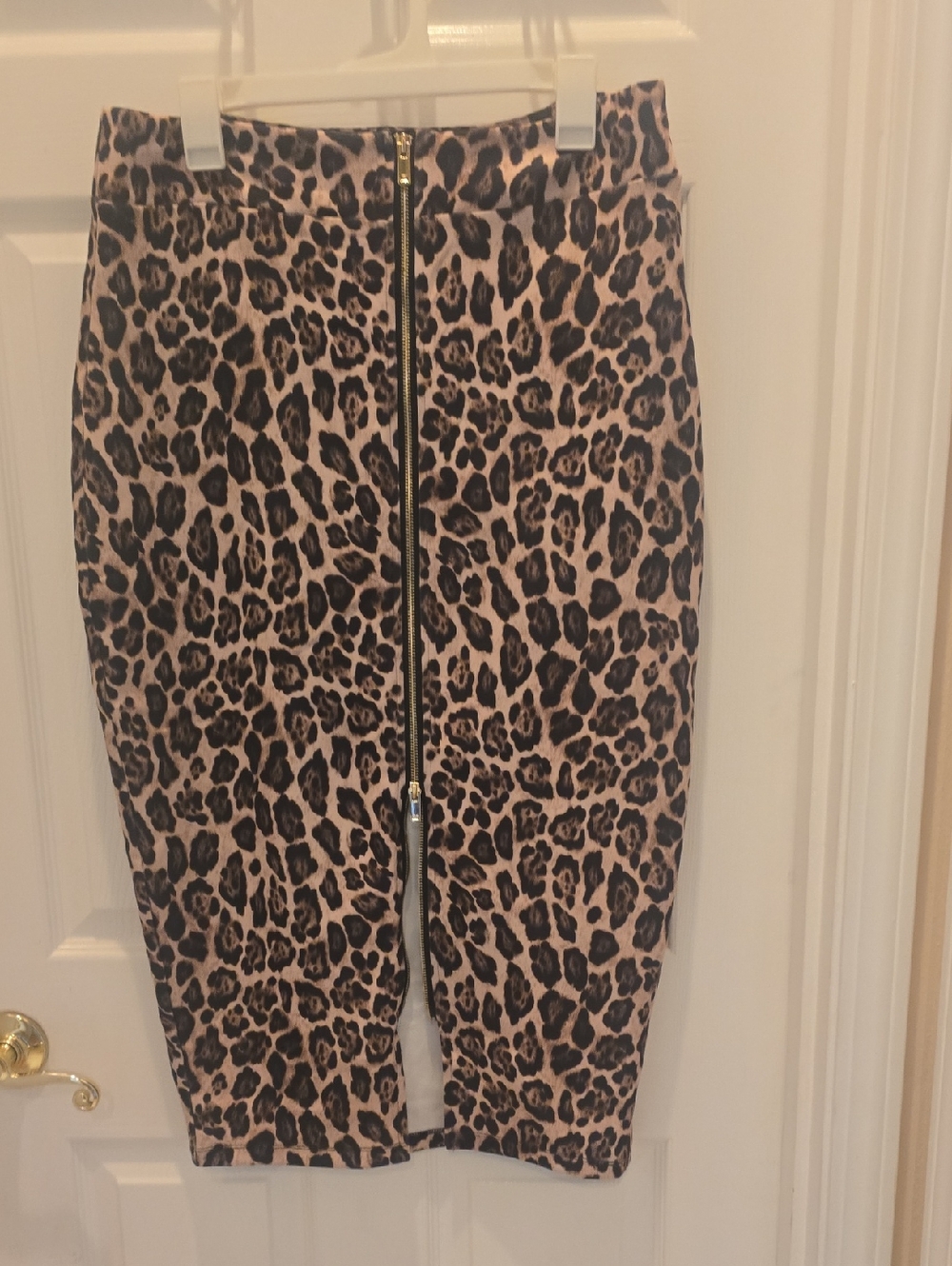 Leopard Print Midi Pencil Skirt with Front Zip in Tan and Black